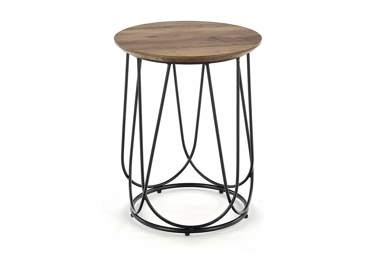 Table d'appoint ronde avec plateau aspect noyer et piètement design en acier noir Bocage