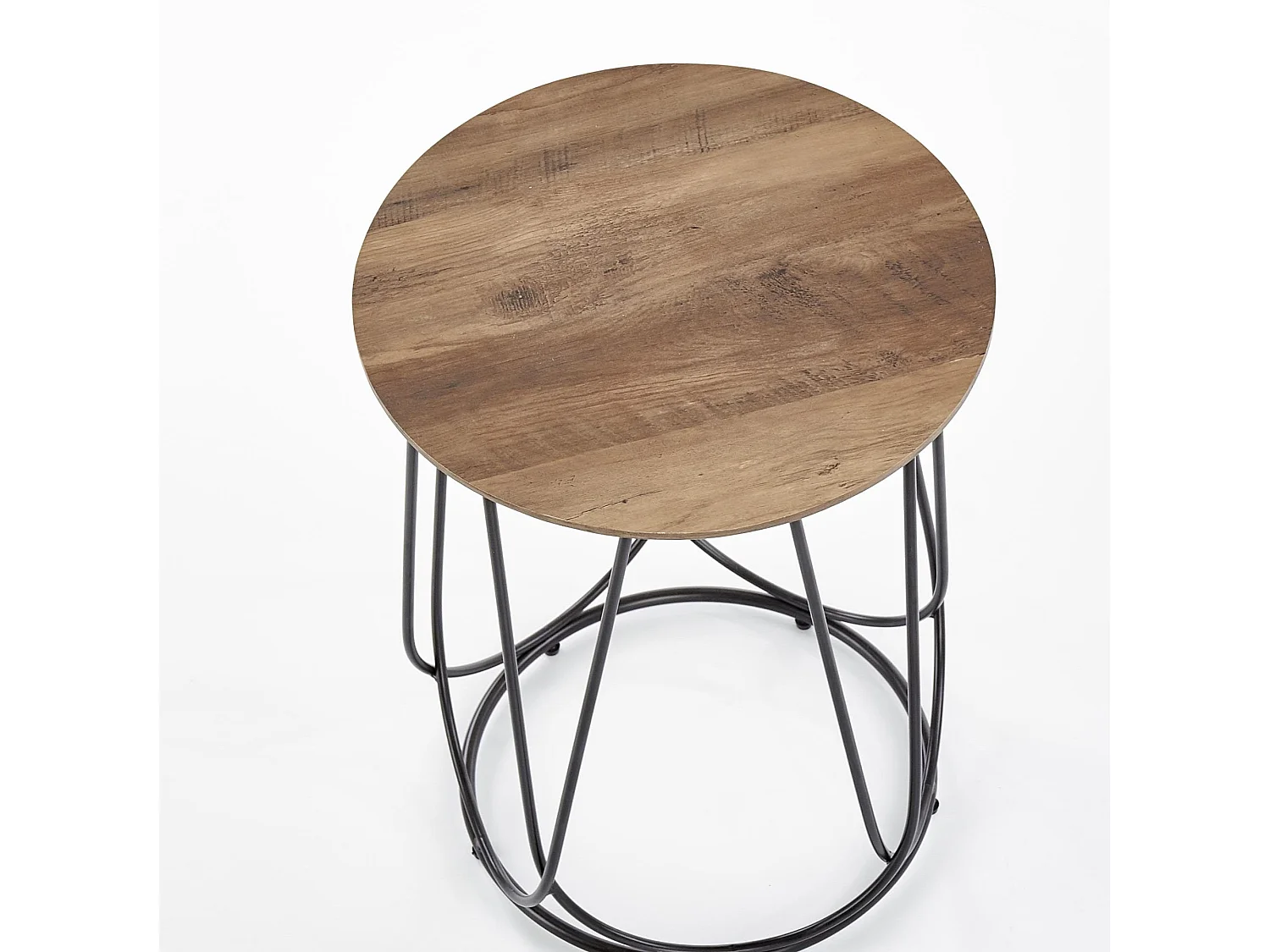Table d'appoint ronde avec plateau aspect noyer et piètement design en acier noir Bocage