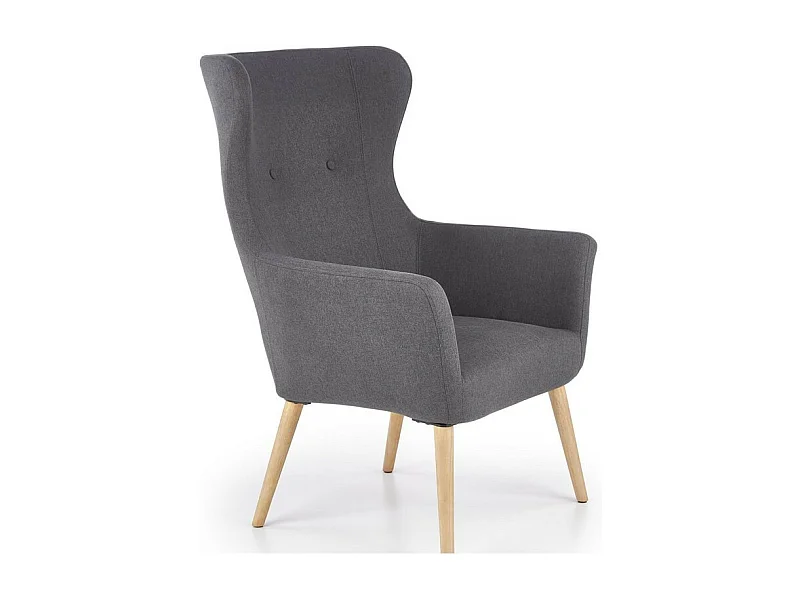 Sillón tapizado en tela gris oscuro con respaldo alto y patas de madera de caucho WISH