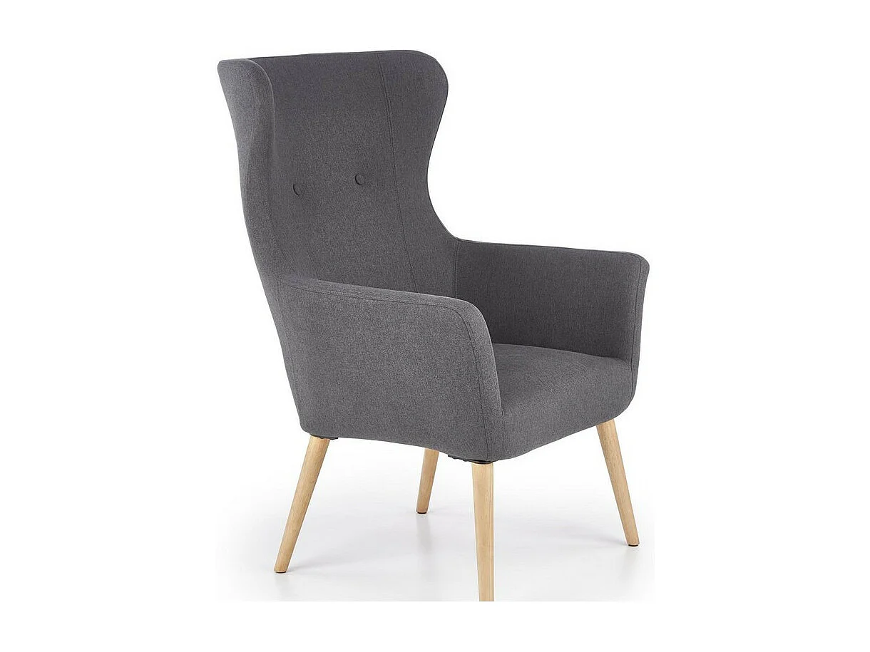 Sillón tapizado en tela gris oscuro con respaldo alto y patas de madera de caucho WISH