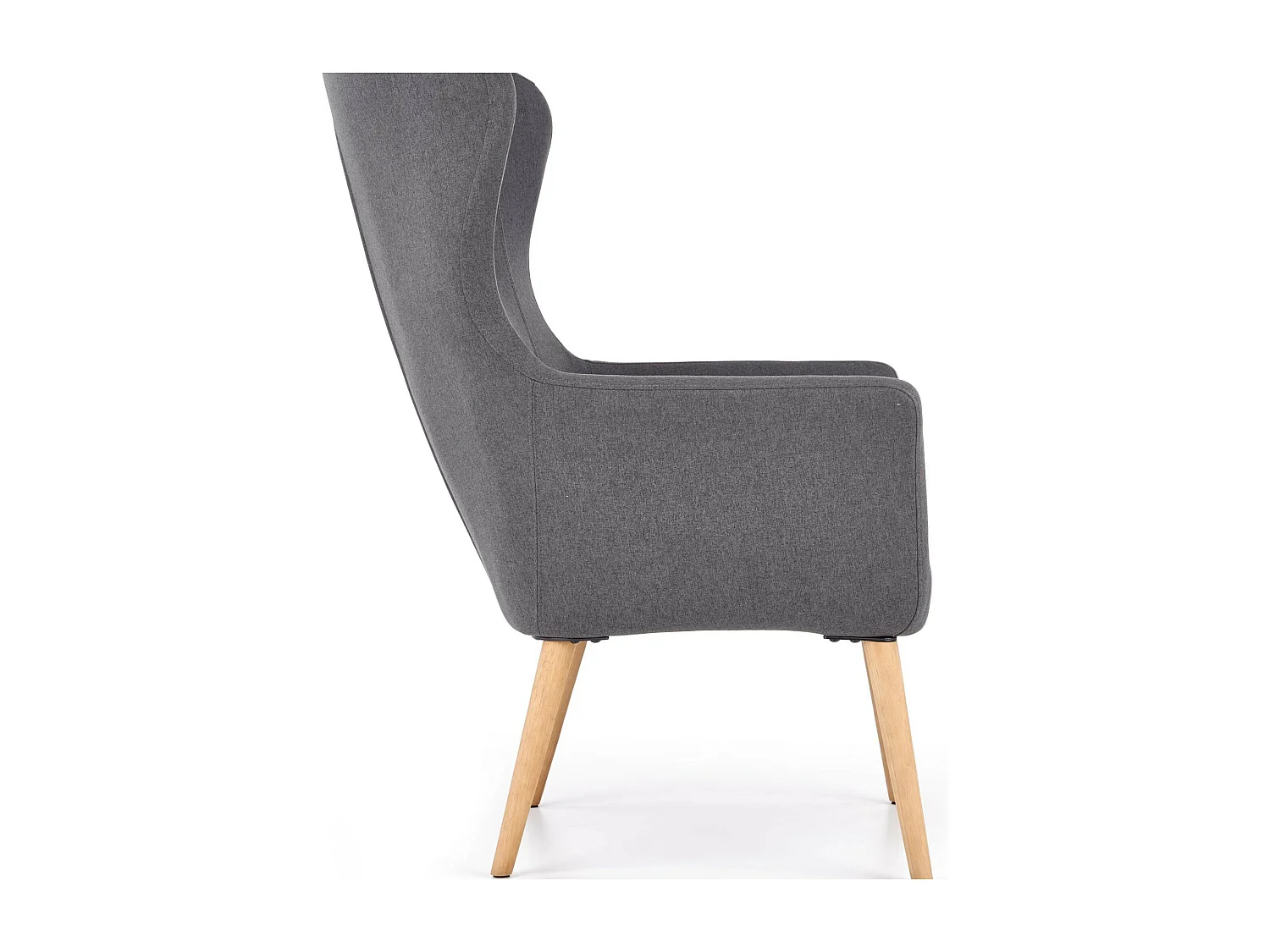 Sillón tapizado en tela gris oscuro con respaldo alto y patas de madera de caucho WISH