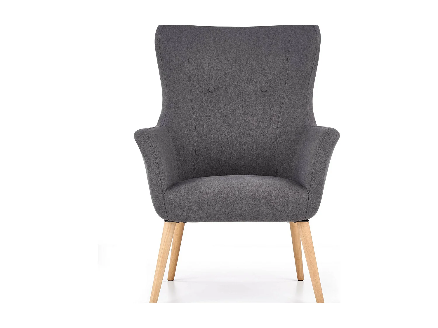 Sillón tapizado en tela gris oscuro con respaldo alto y patas de madera de caucho WISH