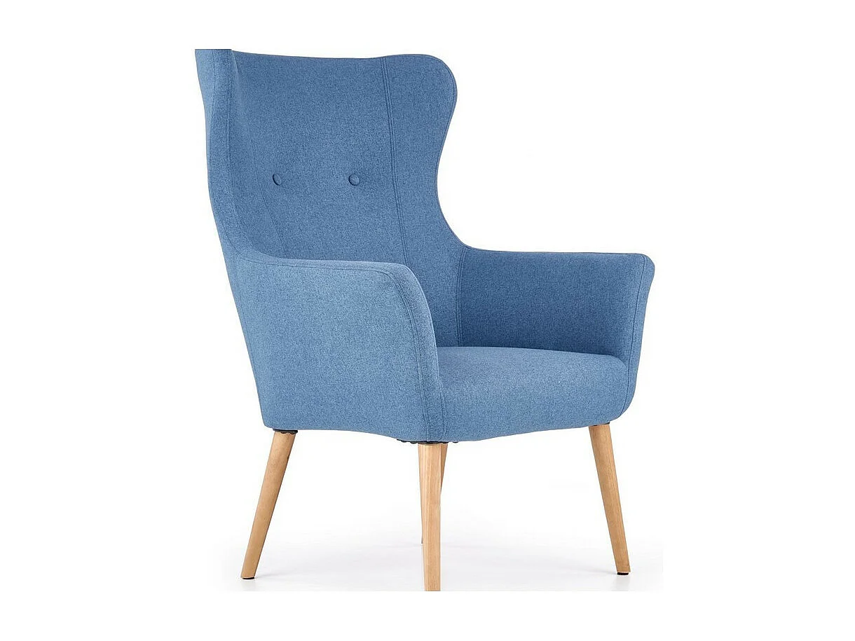 Sillón tapizado en tela azul con respaldo alto y patas de madera de caucho WISH