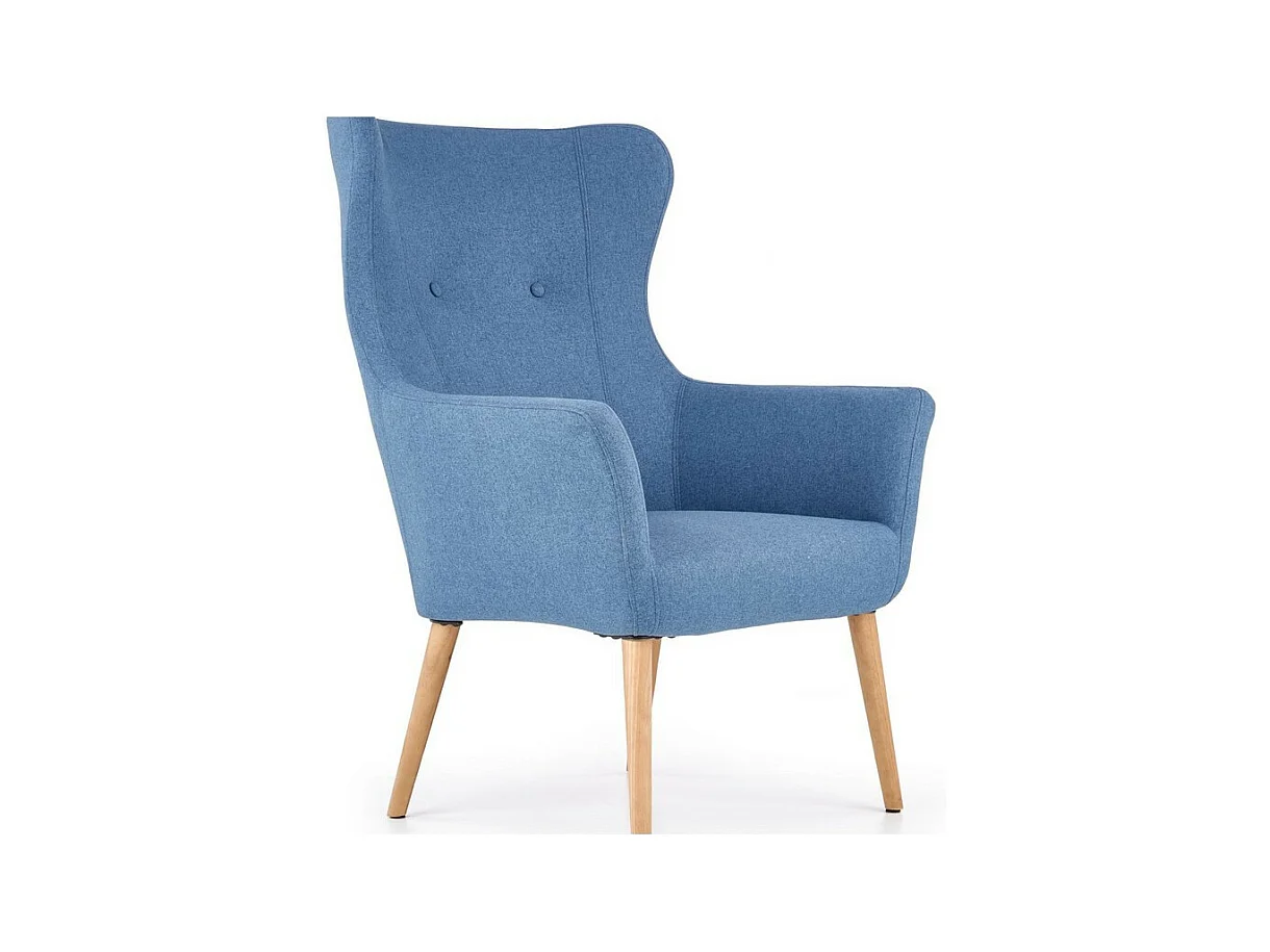Fauteuil rembourré en tissu bleu avec dossier haut et pieds en bois de caoutchouc WISH