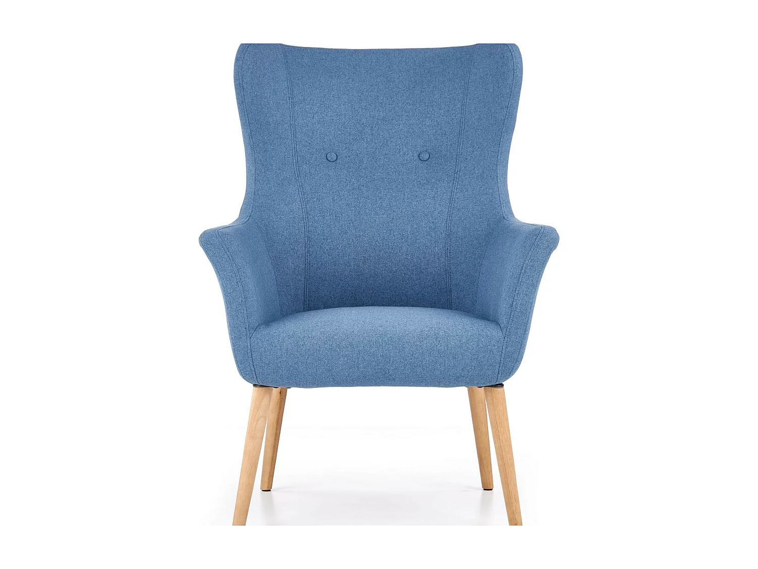 Fauteuil rembourré en tissu bleu avec dossier haut et pieds en bois de caoutchouc WISH