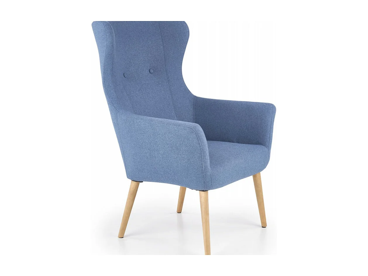 Fauteuil rembourré en tissu bleu avec dossier haut et pieds en bois de caoutchouc WISH