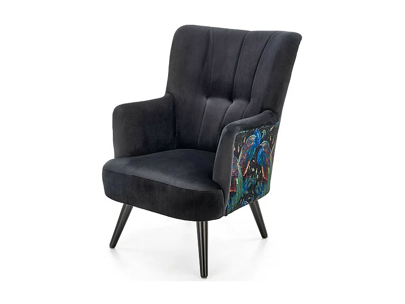 Fauteuil lounge en velours noir avec dossier imprimé FLORAEL