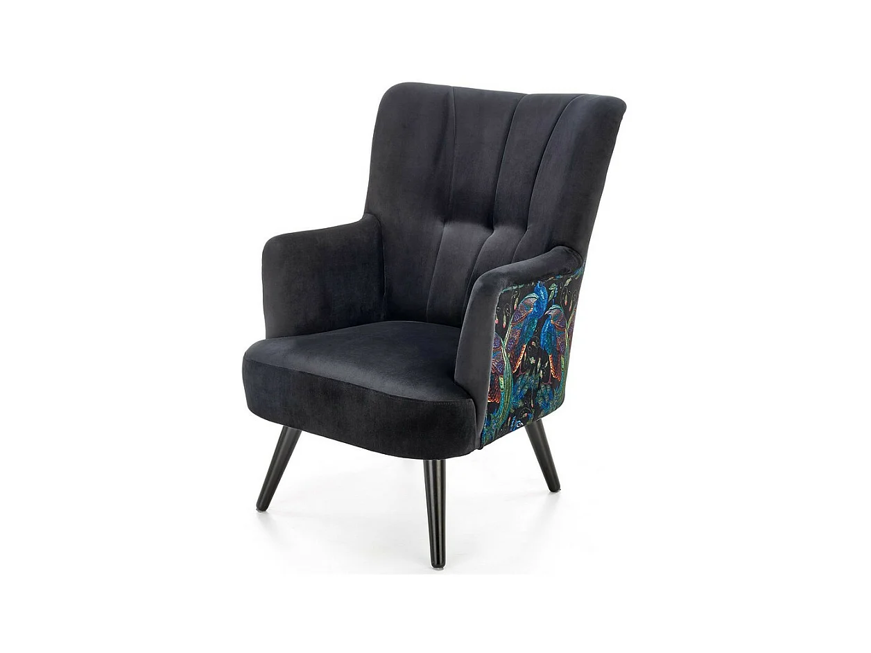 Fauteuil lounge en velours noir avec dossier imprimé FLORAEL