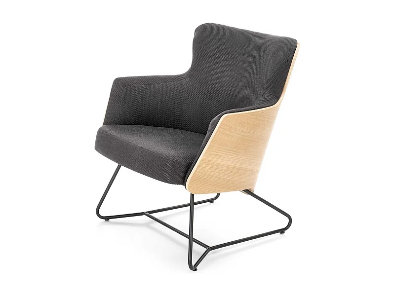 Fauteuil design en tissu gris avec dossier aspect chêne naturel EREL