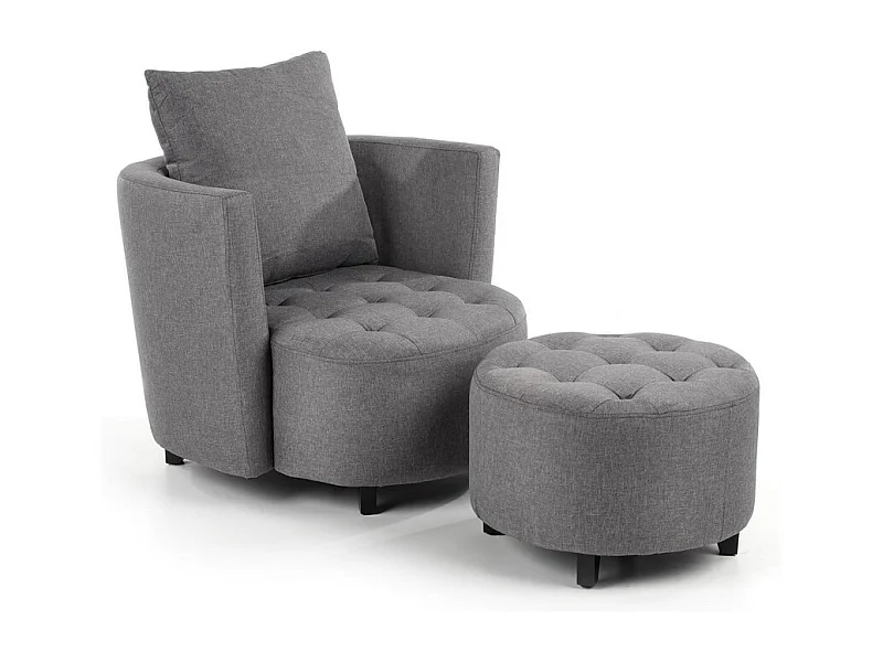 Fauteuil et pouf en tissu gris avec pieds en bois massif NOVA