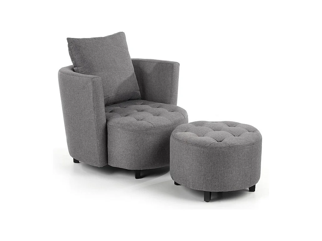 Fauteuil et pouf en tissu gris avec pieds en bois massif NOVA