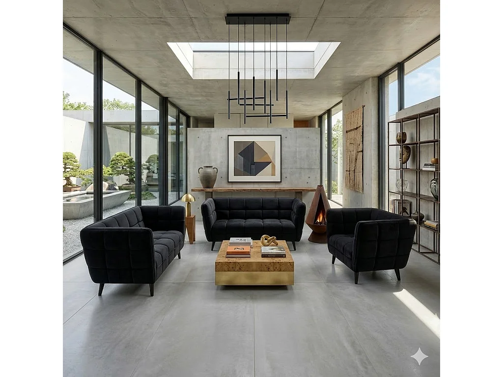 Fauteuil capitonné carré velours noir Compi