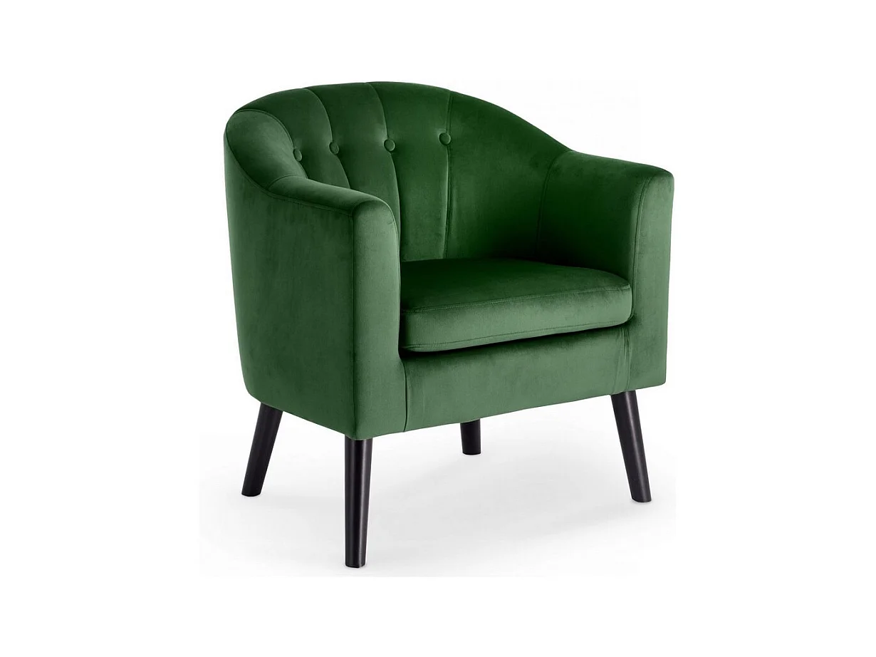 Fauteuil avec dossier arrondi à boutons en tissu vert foncé avec pieds en bois peints en noir RENO