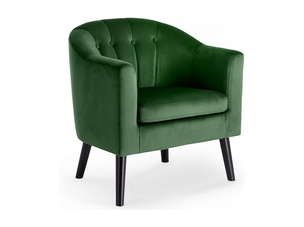 Fauteuil avec dossier arrondi à boutons en tissu vert foncé avec pieds en bois peints en noir RENO