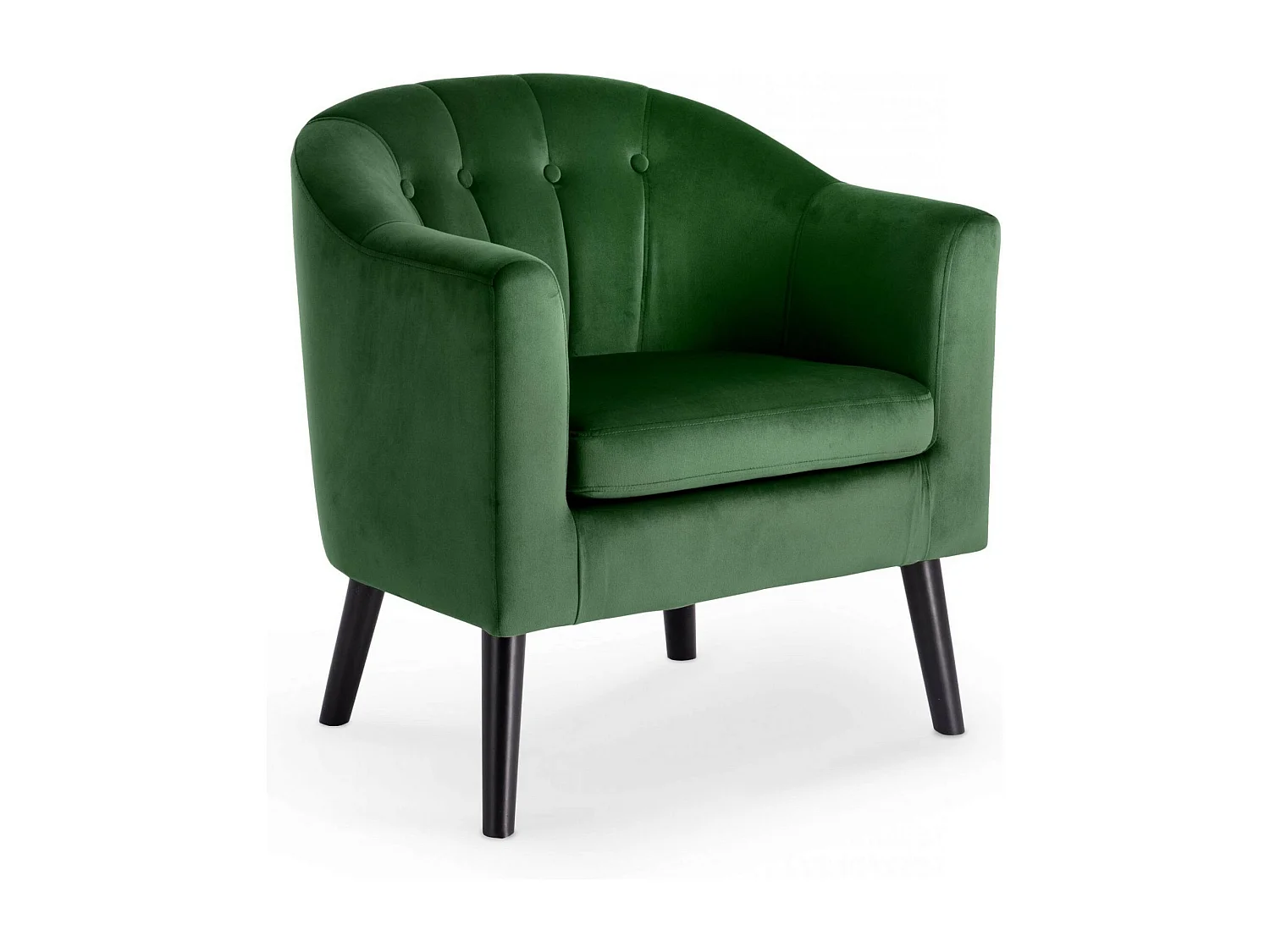 Fauteuil avec dossier arrondi à boutons en tissu vert foncé avec pieds en bois peints en noir RENO