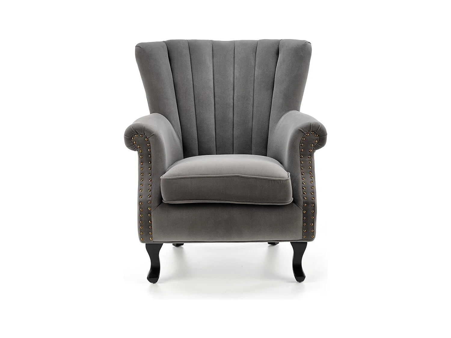 Poltrona in velluto grigio con braccioli borchiati e gambe in legno massiccio MEDICIS