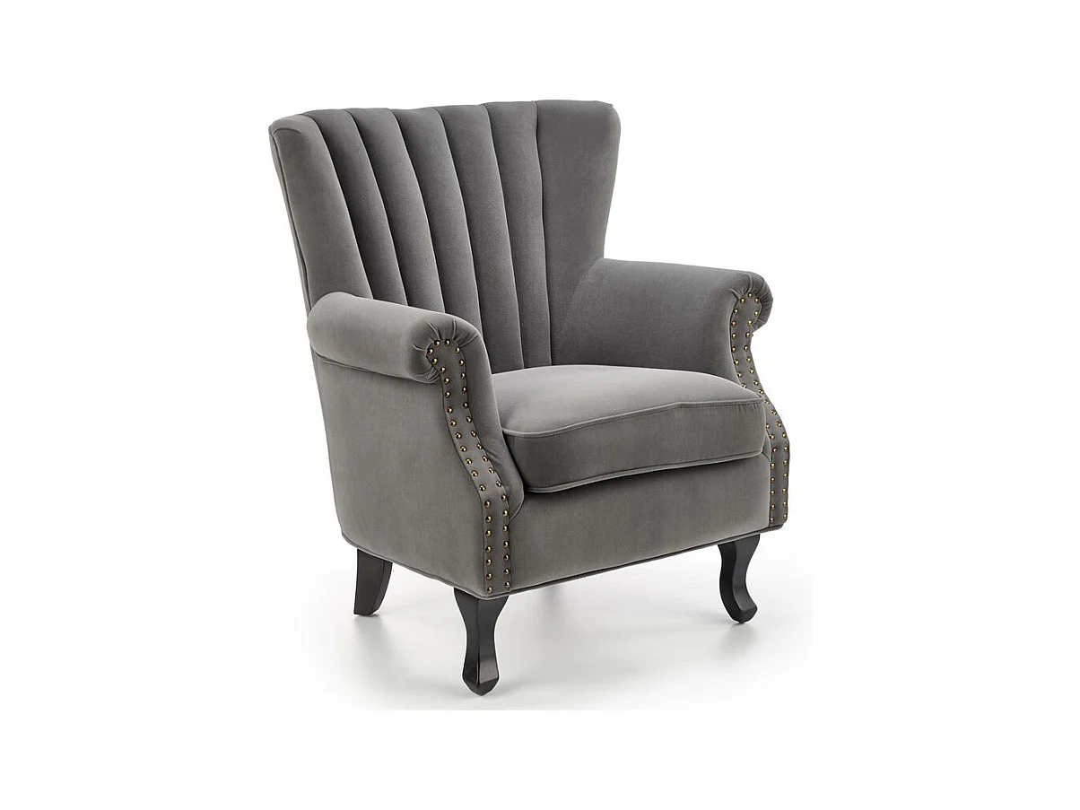 Fauteuil en velours gris avec accoudoirs cloutés et pieds en bois massif MEDICIS
