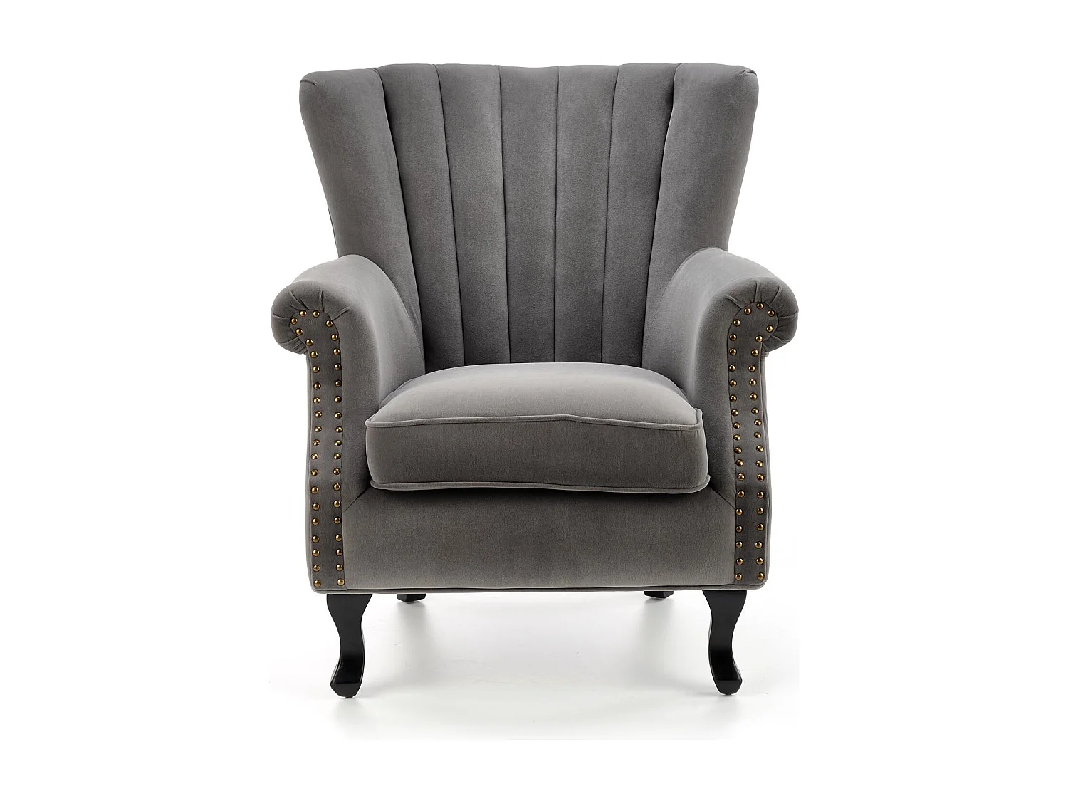 Sillón de terciopelo gris con brazos de tachuelas y patas de madera maciza MEDICIS