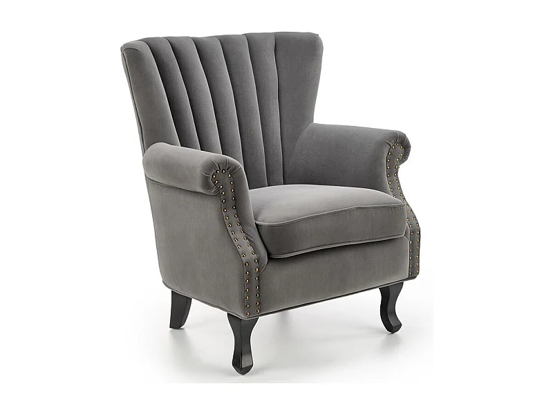 Fauteuil en velours gris avec accoudoirs cloutés et pieds en bois massif MEDICIS