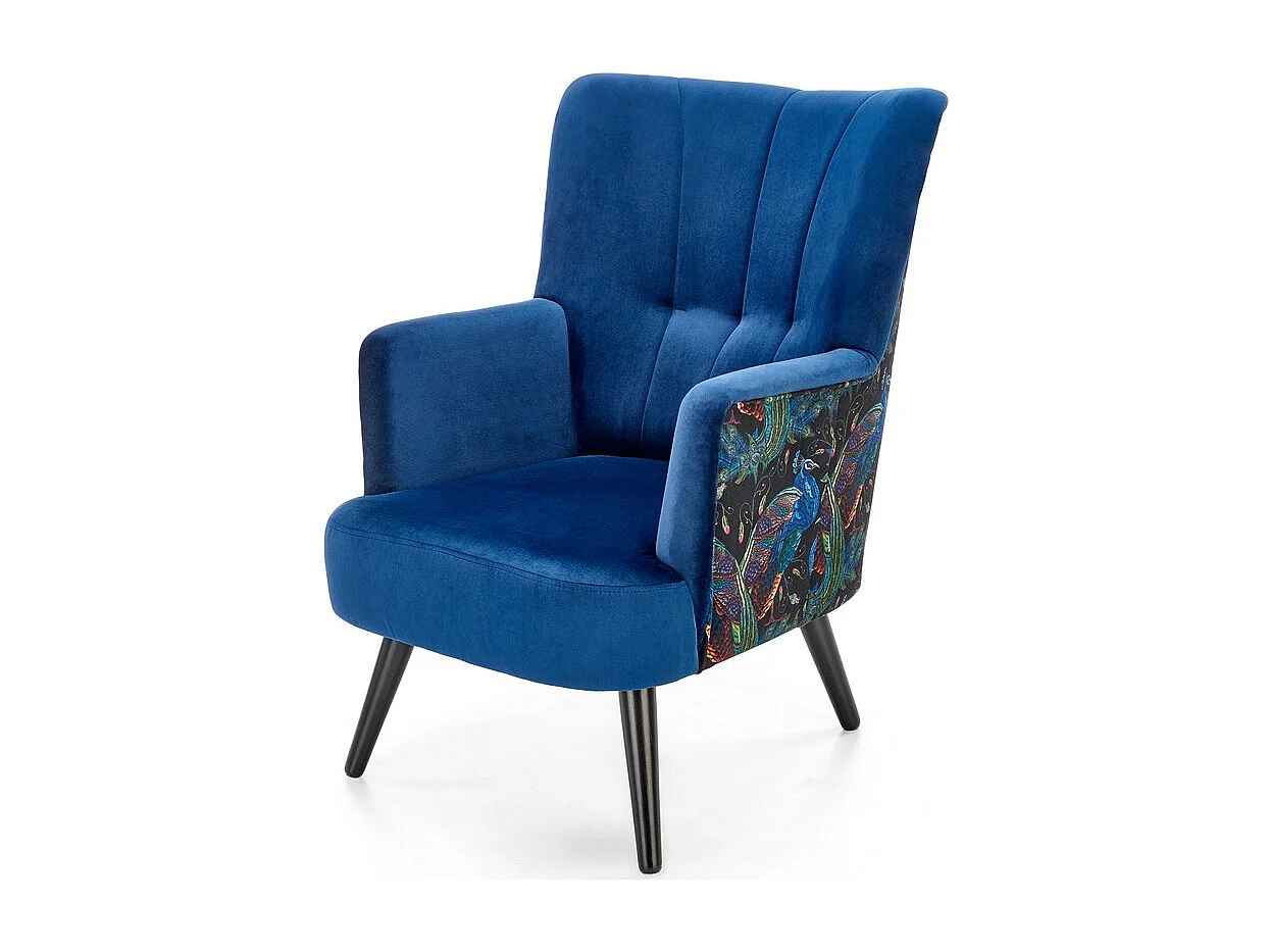 Fauteuil lounge en velours bleu avec dossier imprimé FLORAEL