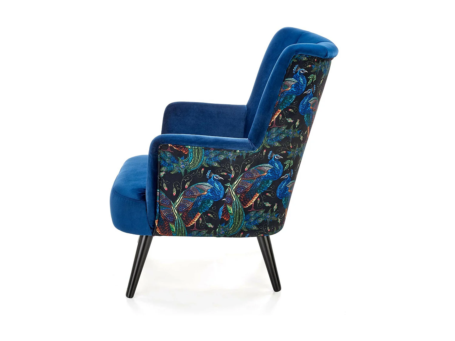 Fauteuil lounge en velours bleu avec dossier imprimé FLORAEL