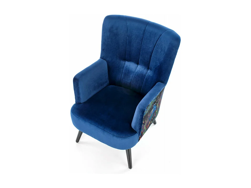 Fauteuil lounge en velours bleu avec dossier imprimé FLORAEL