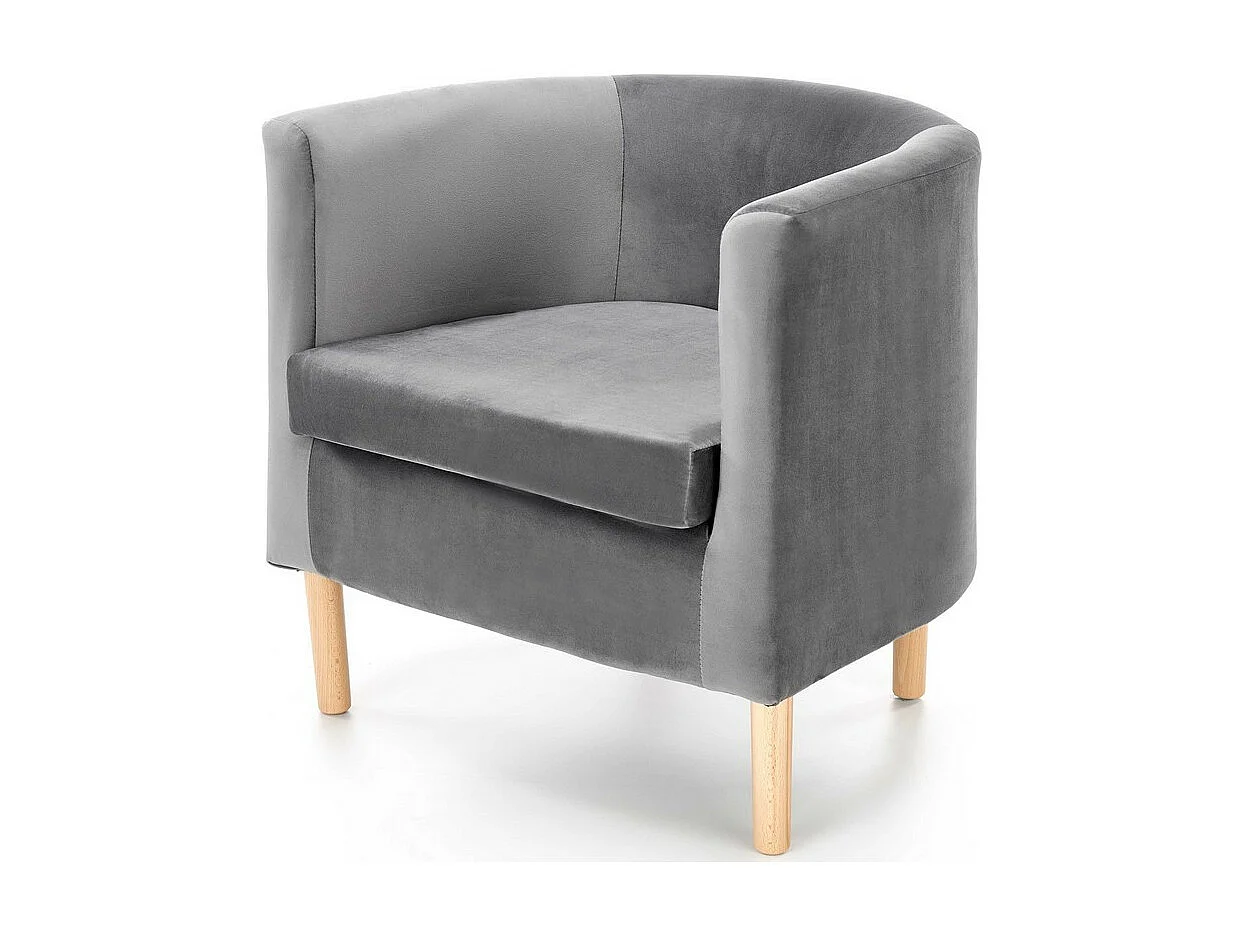 Fauteuil lounge en velours gris avec pieds en bois massif KELEN