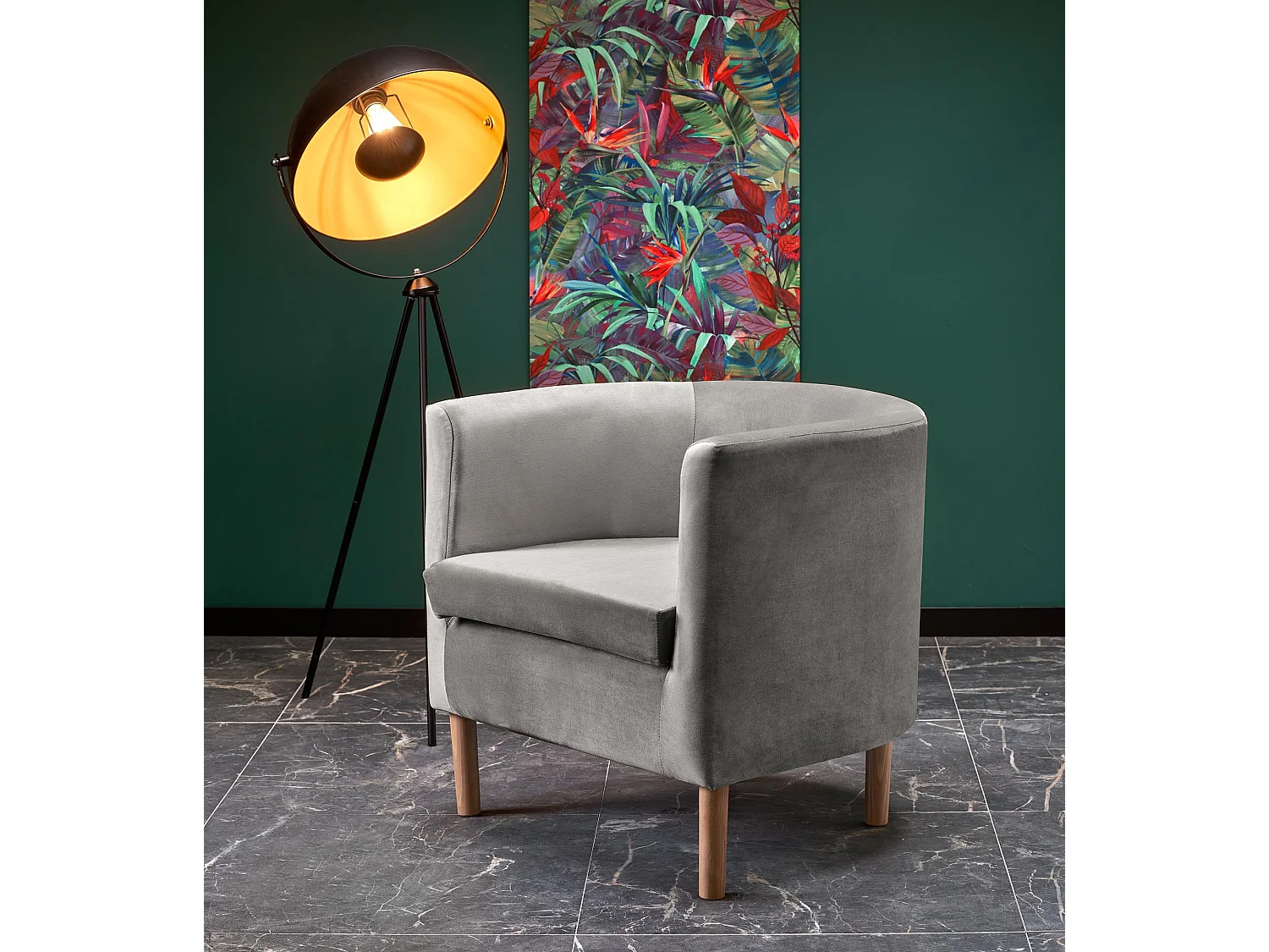 Fauteuil lounge en velours gris avec pieds en bois massif KELEN