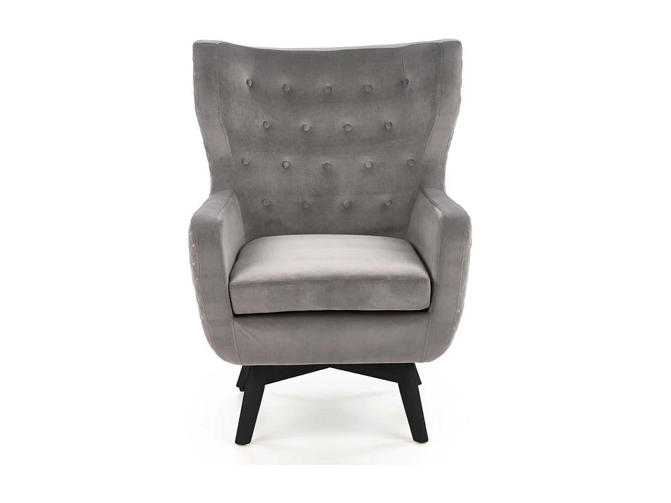 Poltrona in velluto grigio con schienale alto e gambe in legno massiccio nero Sussex