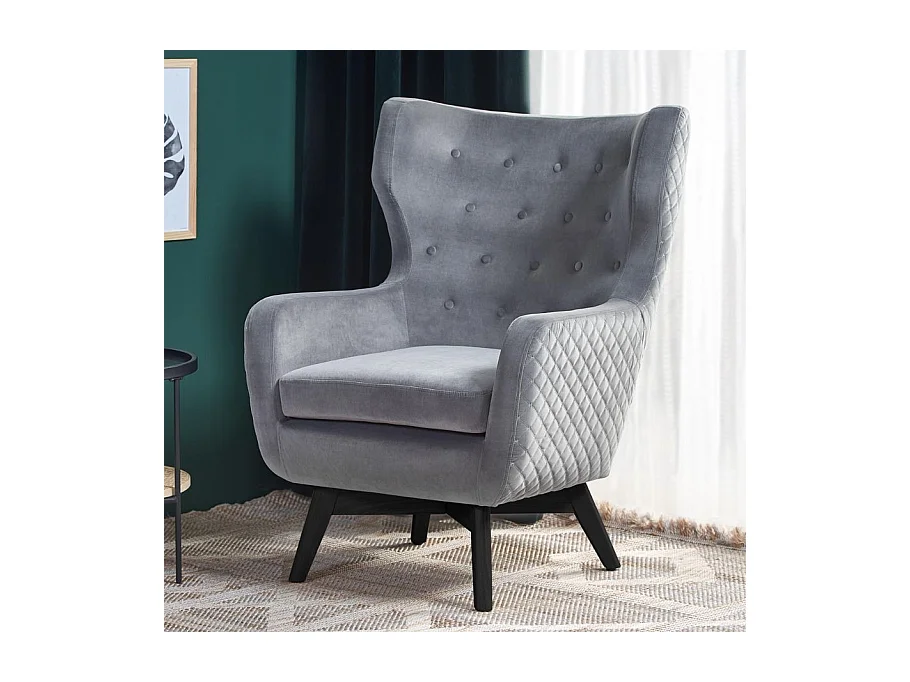Fauteuil en velours gris avec dossier haut et pieds noirs en bois massif Sussex