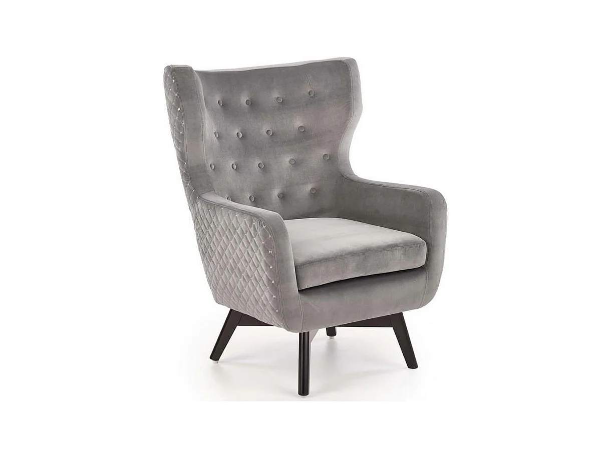 Fauteuil en velours gris avec dossier haut et pieds noirs en bois massif Sussex