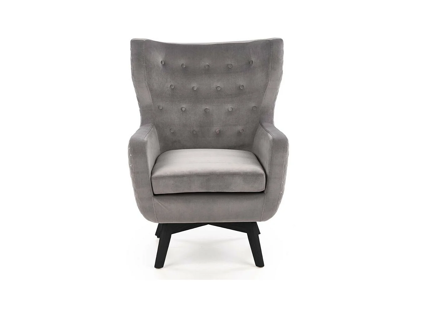 Fauteuil en velours gris avec dossier haut et pieds noirs en bois massif Sussex