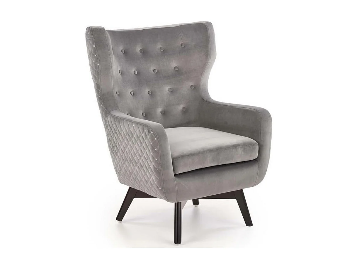 Fauteuil en velours gris avec dossier haut et pieds noirs en bois massif Sussex