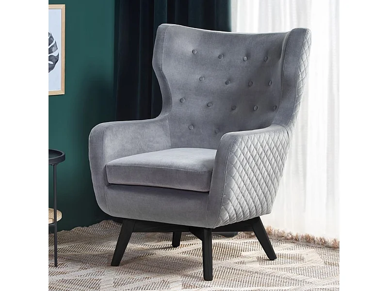 Fauteuil en velours gris avec dossier haut et pieds noirs en bois massif Sussex
