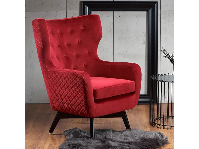 Sillón de terciopelo rojo con respaldo alto y patas de madera maciza negra Sussex
