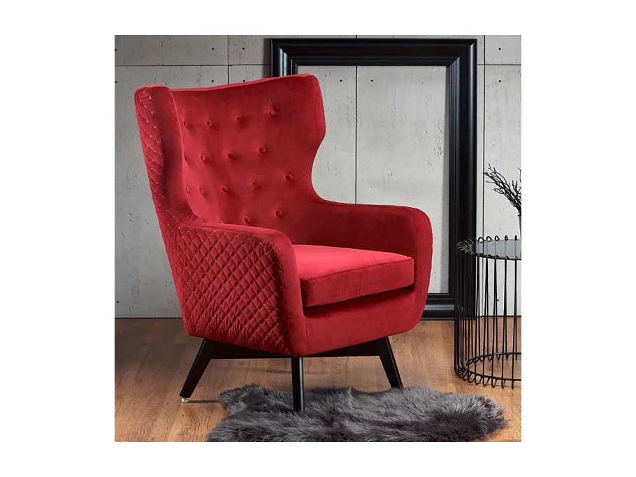 Fauteuil en velours rouge avec dossier haut et pieds noirs en bois massif Sussex