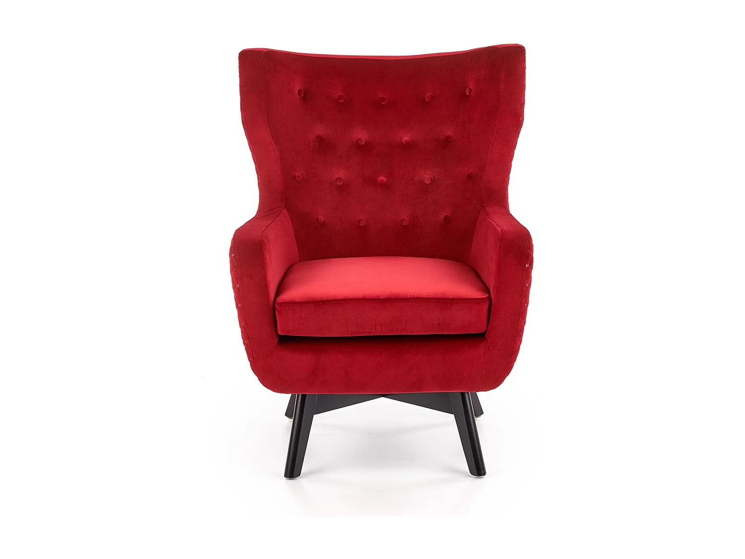Fauteuil en velours rouge avec dossier haut et pieds noirs en bois massif Sussex