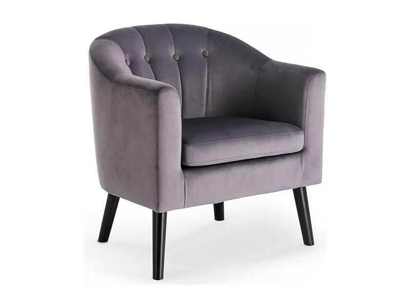Fauteuil avec dossier arrondi à boutons en tissu gris avec pieds en bois peints en noir RENO