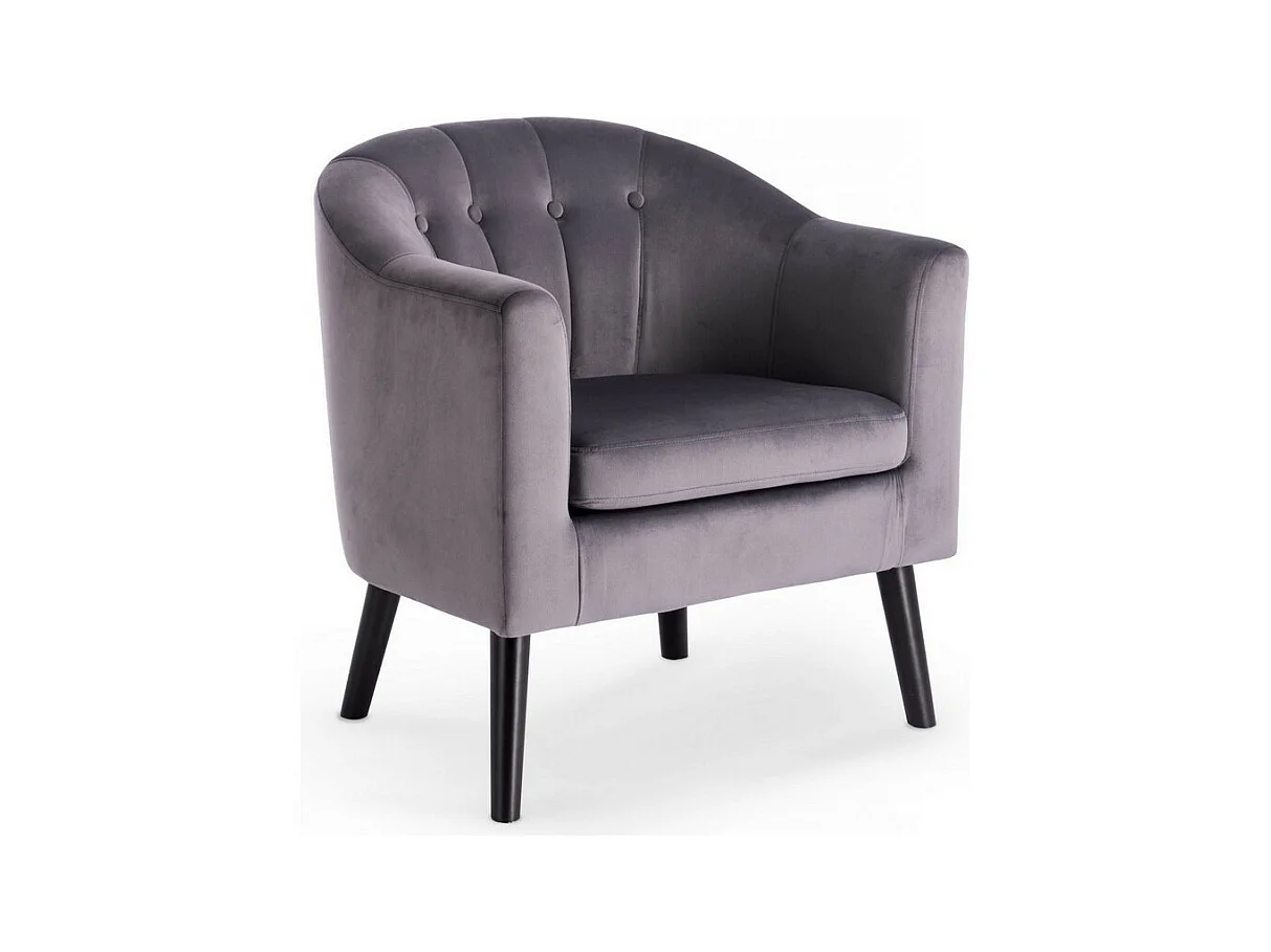 Fauteuil avec dossier arrondi à boutons en tissu gris avec pieds en bois peints en noir RENO