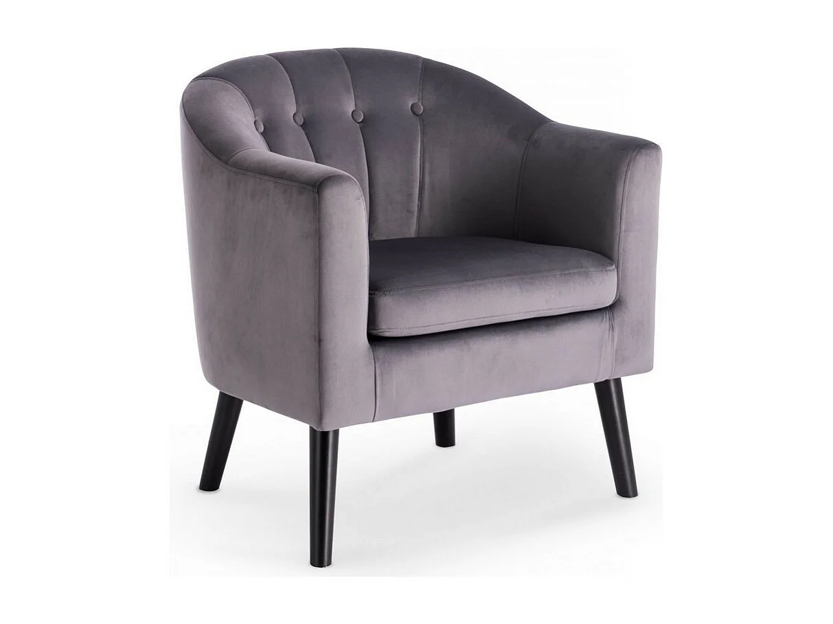 Fauteuil avec dossier arrondi à boutons en tissu gris avec pieds en bois peints en noir RENO