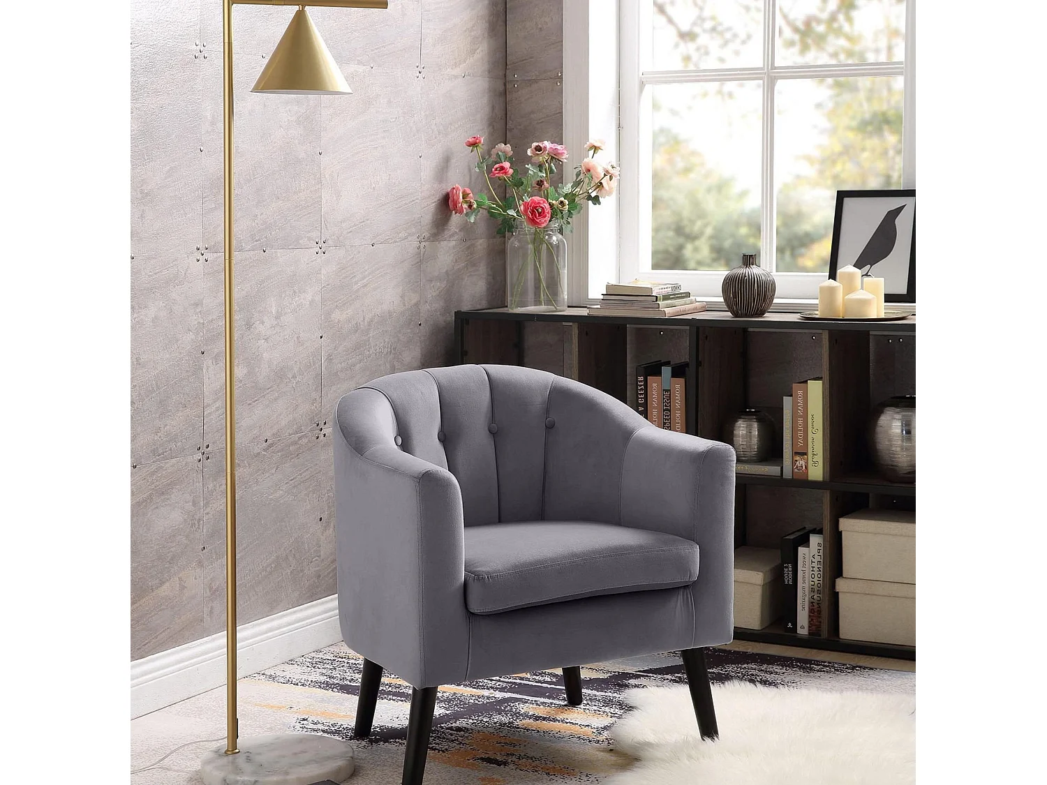 Fauteuil avec dossier arrondi à boutons en tissu gris avec pieds en bois peints en noir RENO