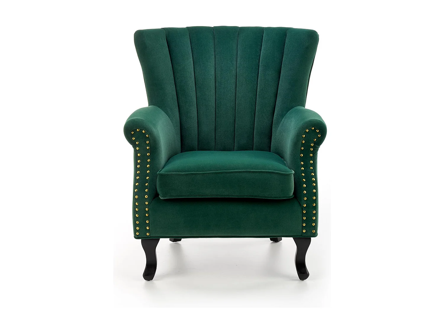 Fauteuil en velours vert avec accoudoirs cloutés et pieds en bois massif MEDICIS