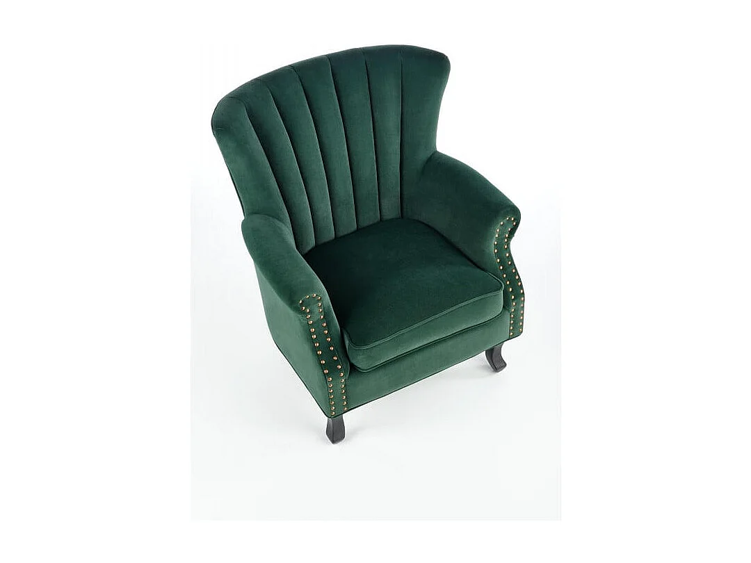 Fauteuil en velours vert avec accoudoirs cloutés et pieds en bois massif MEDICIS