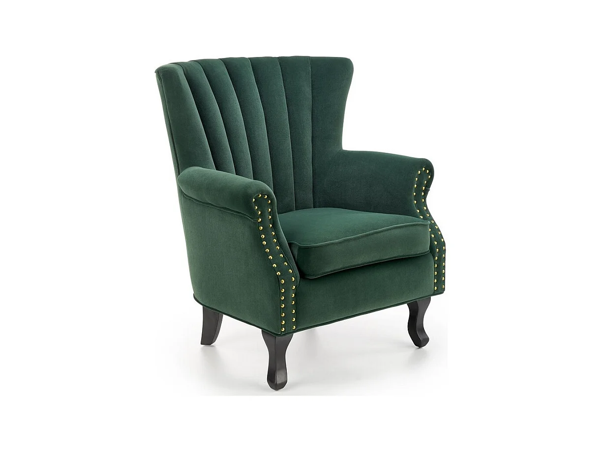 Fauteuil en velours vert avec accoudoirs cloutés et pieds en bois massif MEDICIS