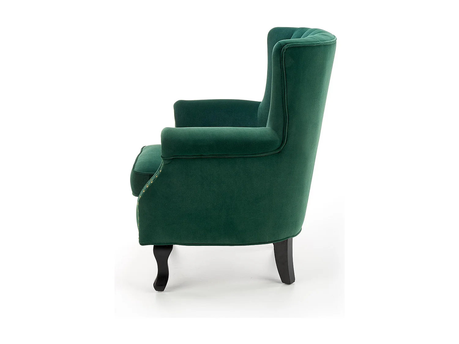 Fauteuil en velours vert avec accoudoirs cloutés et pieds en bois massif MEDICIS