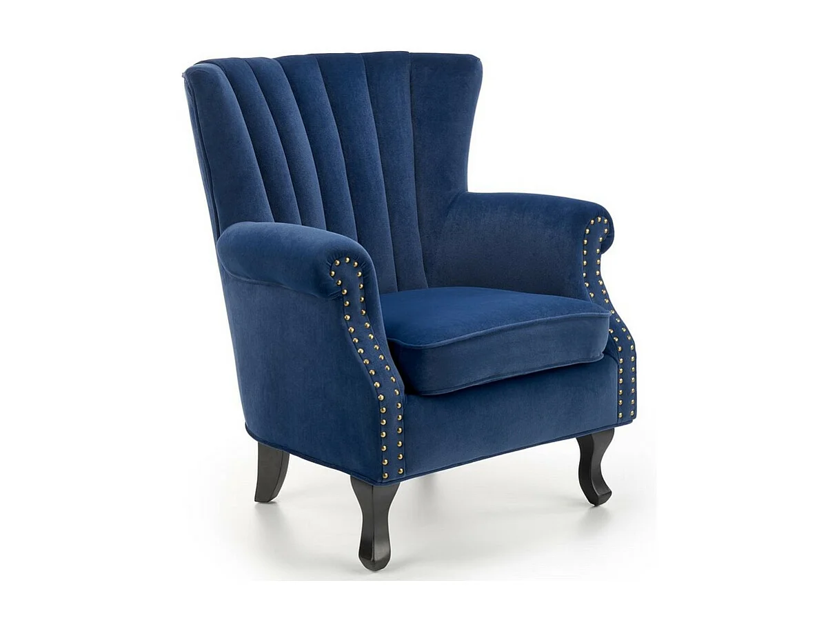 Sillón de terciopelo azul con brazos de tachuelas y patas de madera maciza MEDICIS