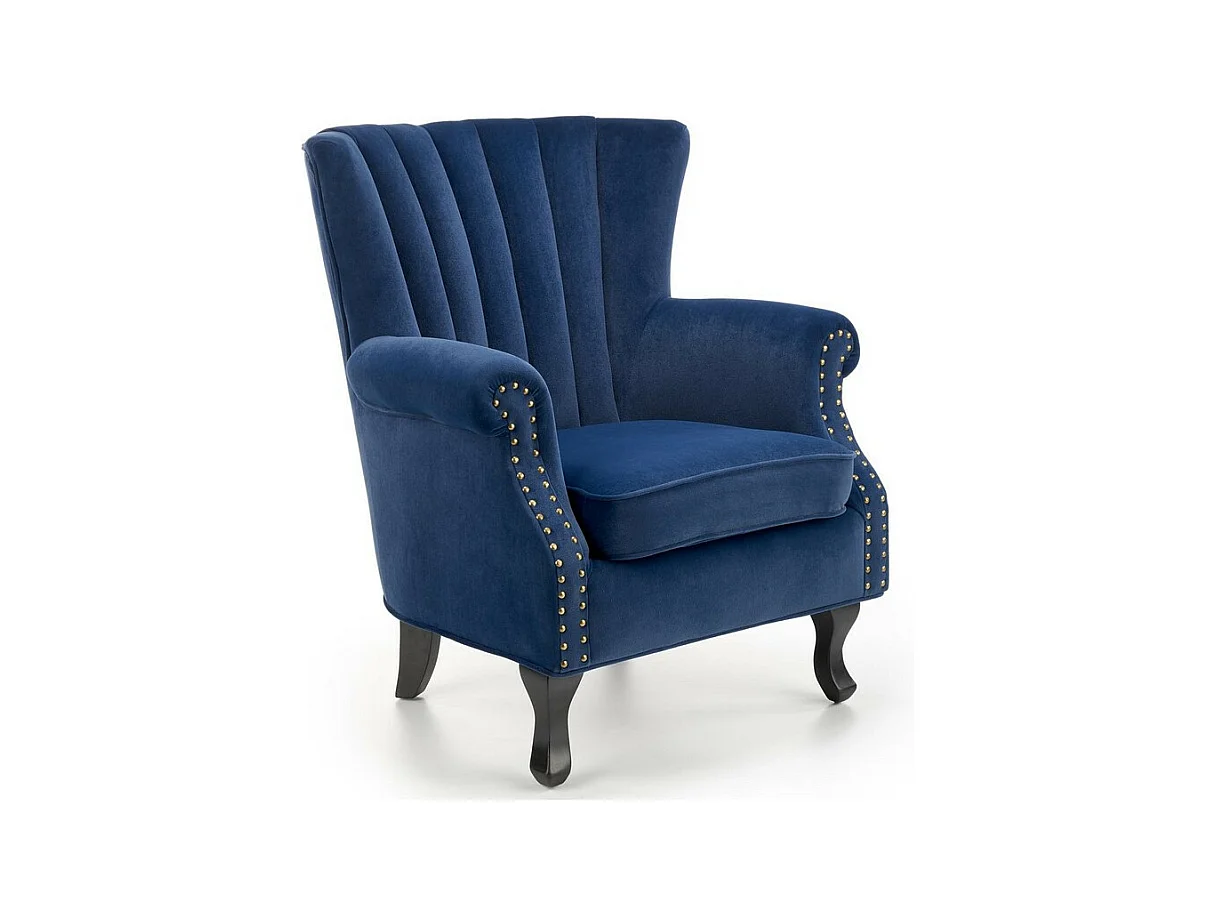 Fauteuil en velours bleu avec accoudoirs cloutés et pieds en bois massif MEDICIS