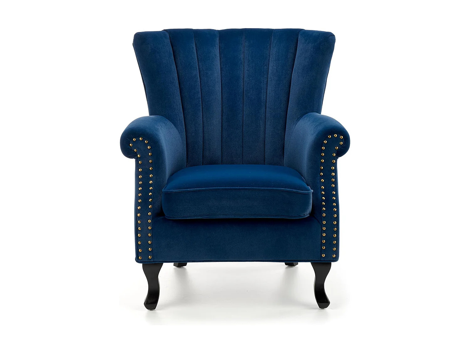 Sillón de terciopelo azul con brazos de tachuelas y patas de madera maciza MEDICIS