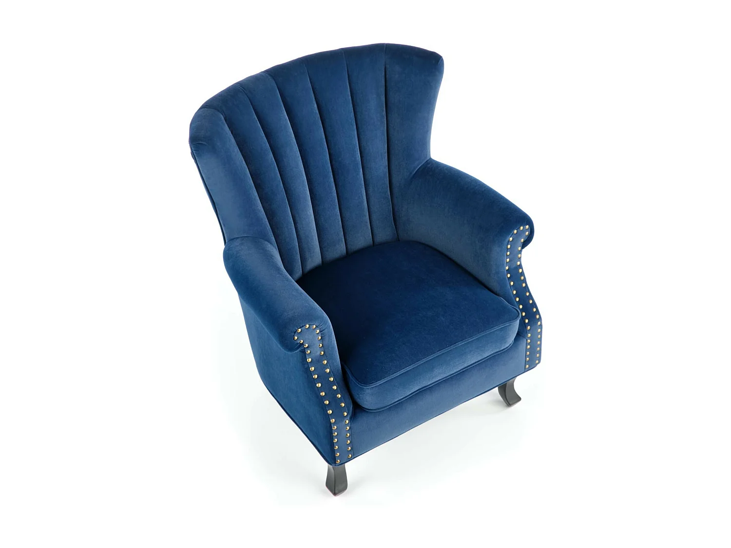 Sillón de terciopelo azul con brazos de tachuelas y patas de madera maciza MEDICIS