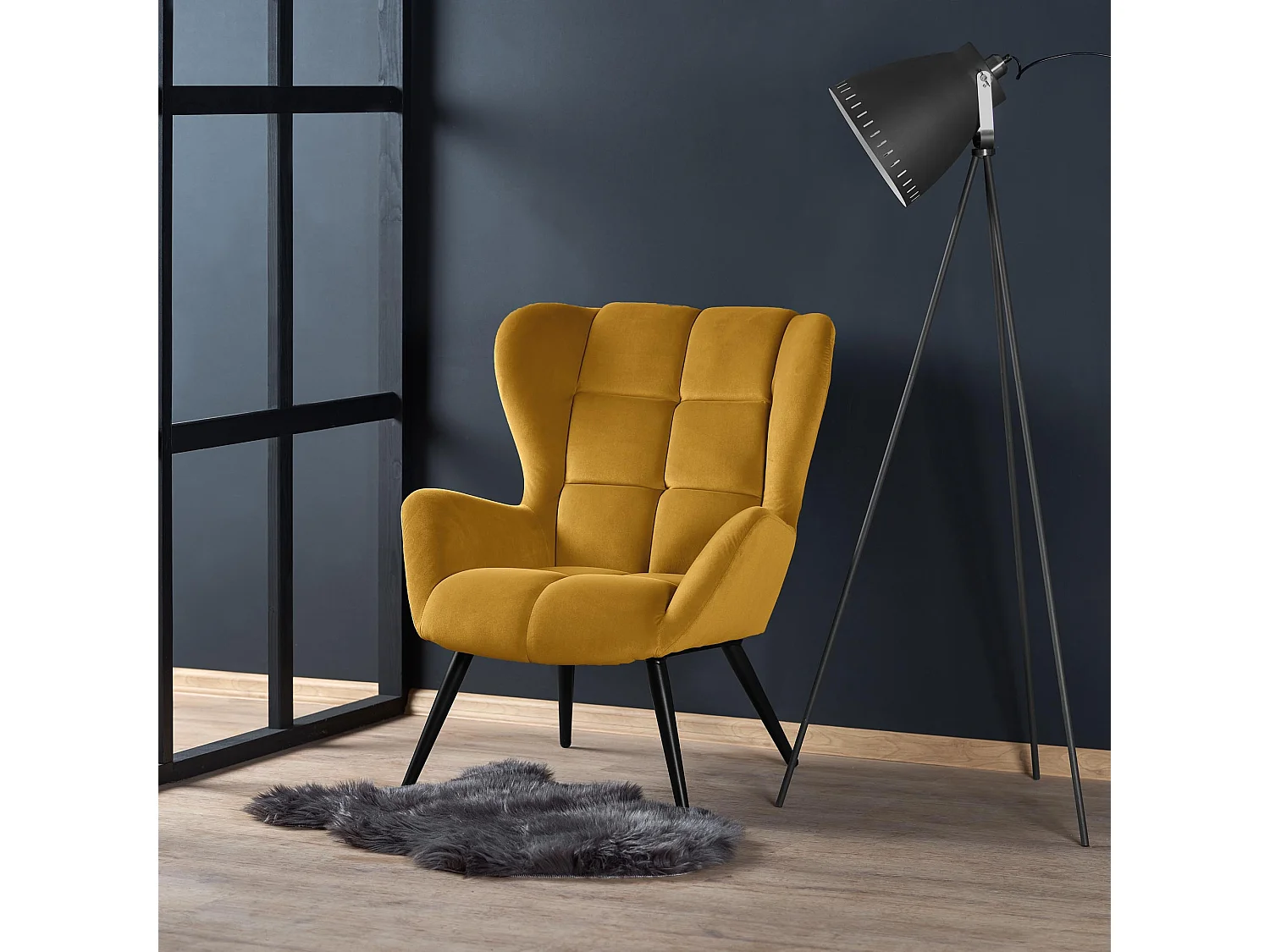 Fauteuil contemporain en velours jaune moutarde GLASGOW